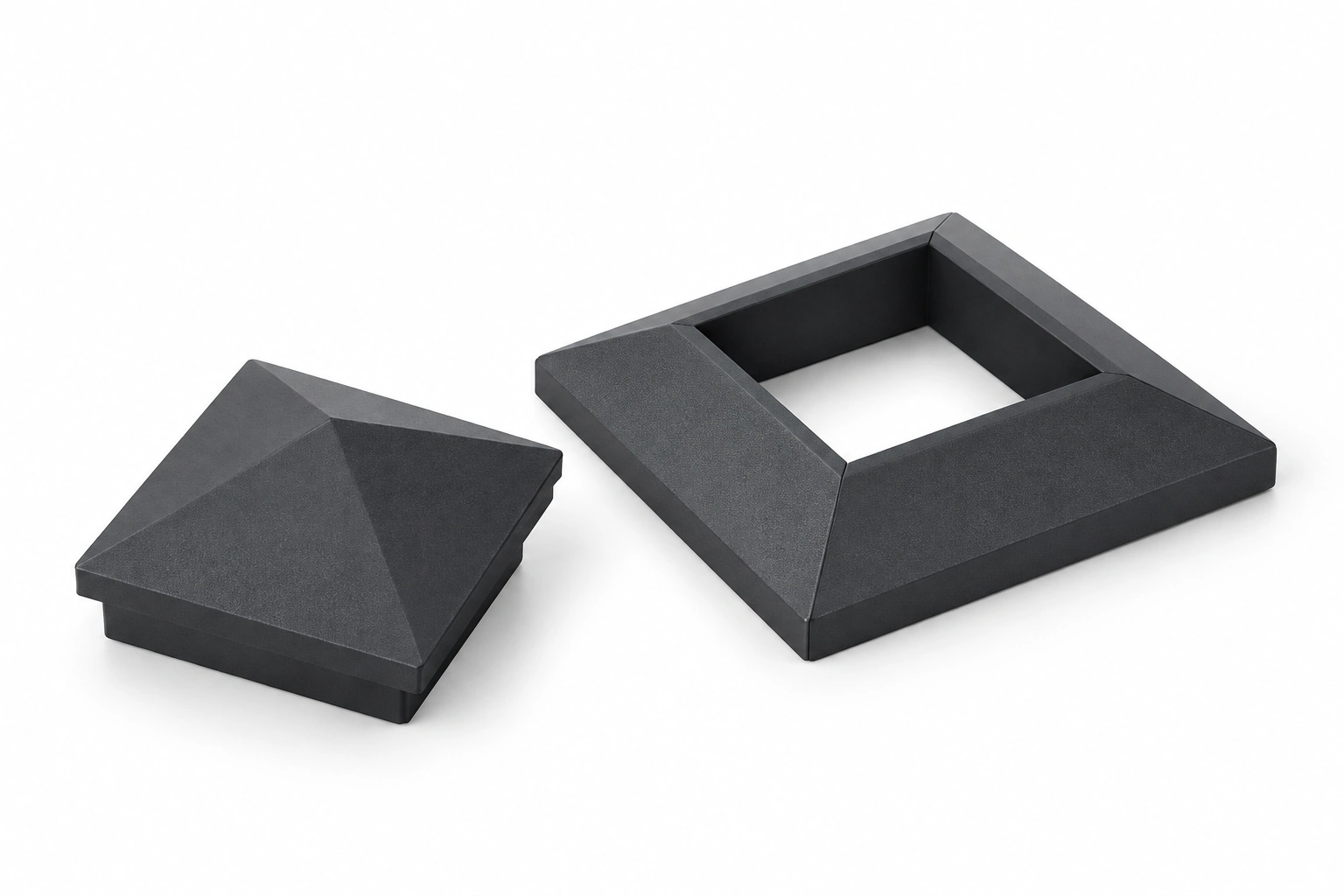 Pyramidal post cap and matching bevelled footplate cover