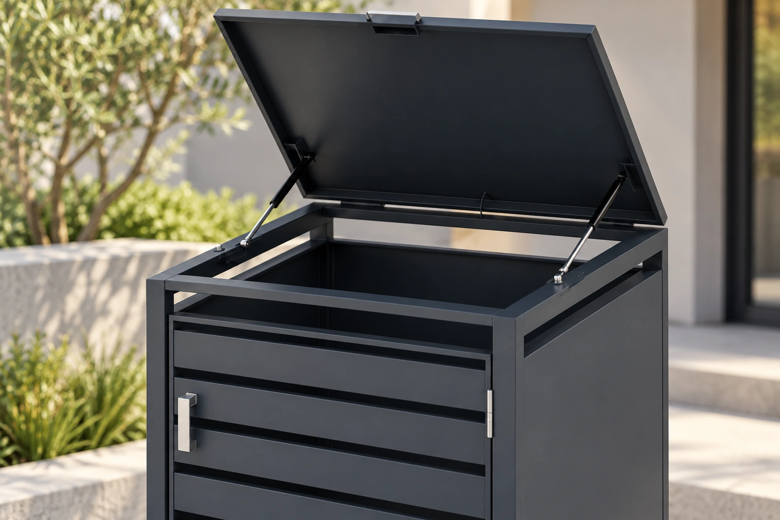 Close view of the raised lid and louvred front door on a single-bin storage cabinet