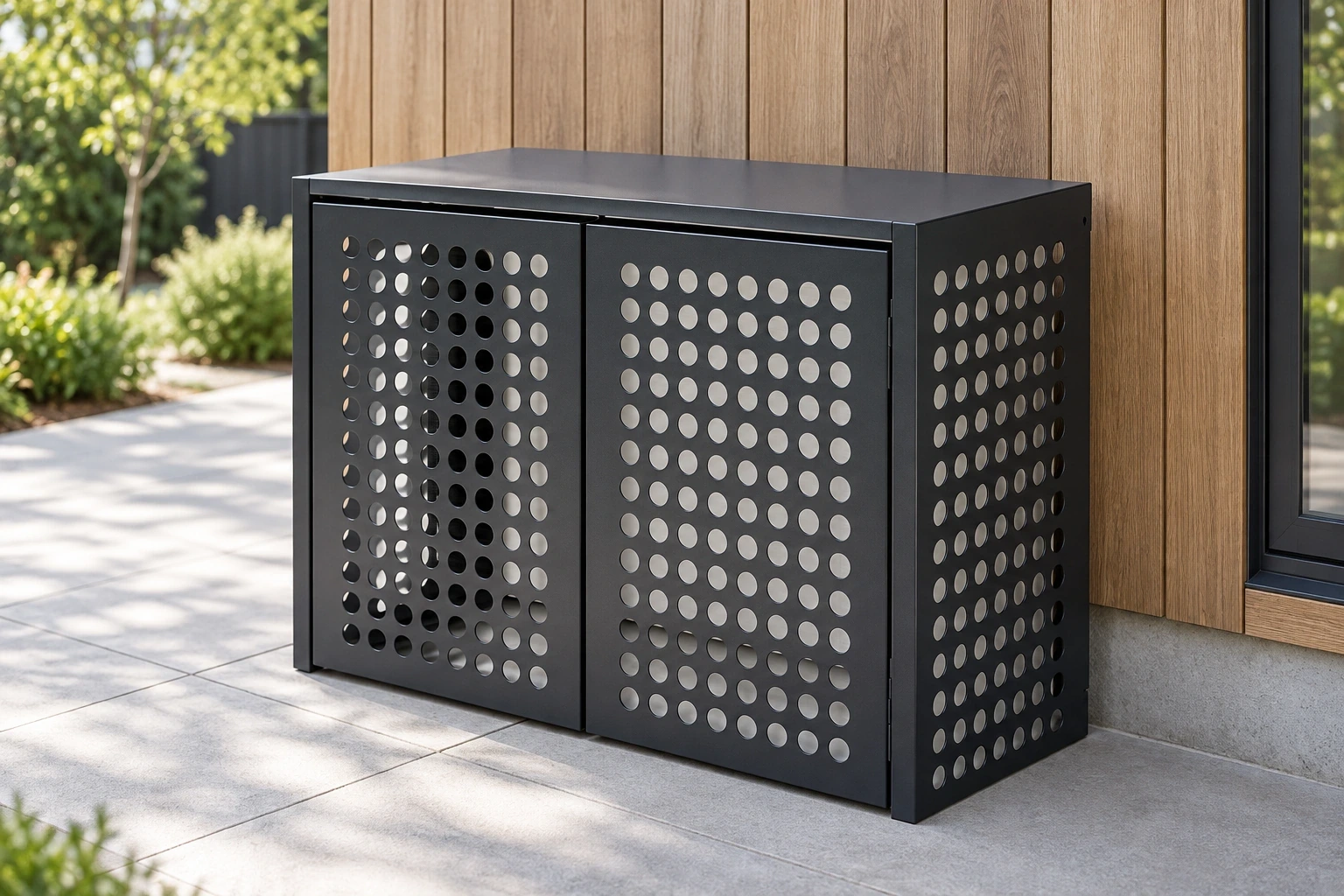 Round-perforated metal air conditioner cover on a paved path beside timber cladding.