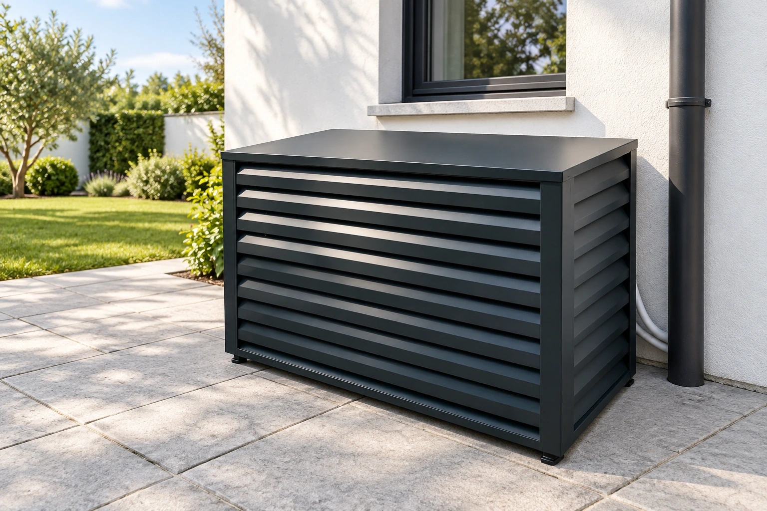 Charcoal inclined-louvre air conditioner cover on a clear paved service area.