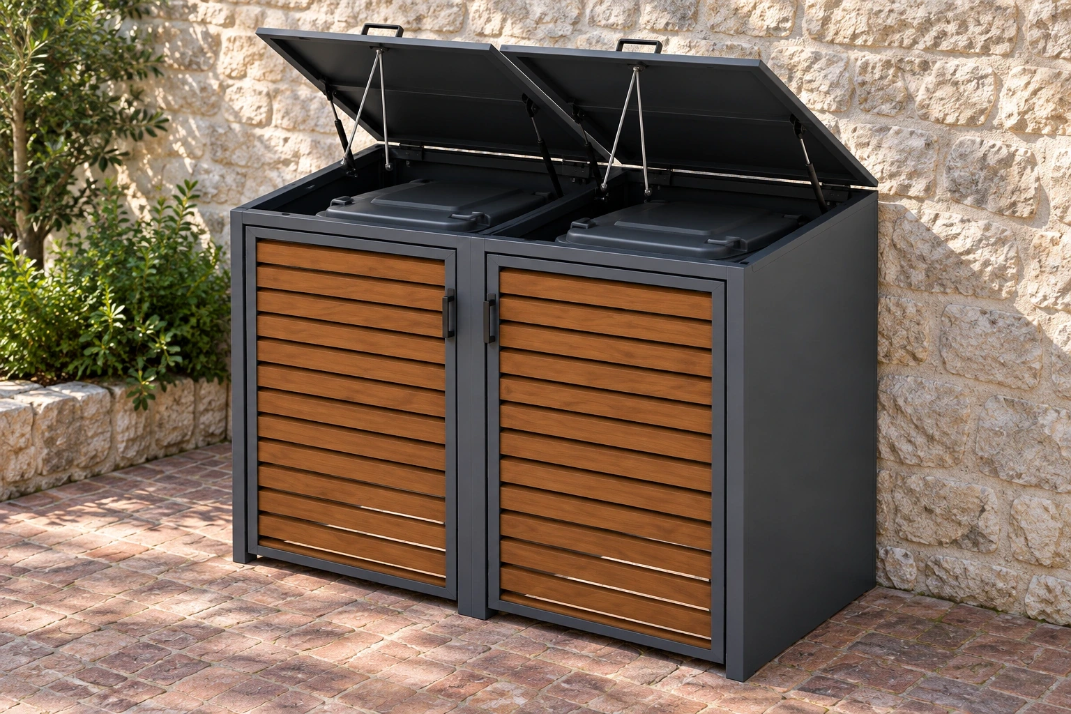 Two wood-grain-front bin compartments with raised lids in a stone service court.