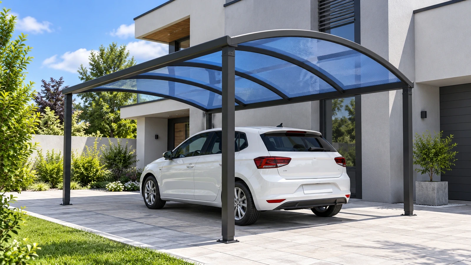 Dark four-post Easy Size carport with an arched hollow-polycarbonate roof over a driveway