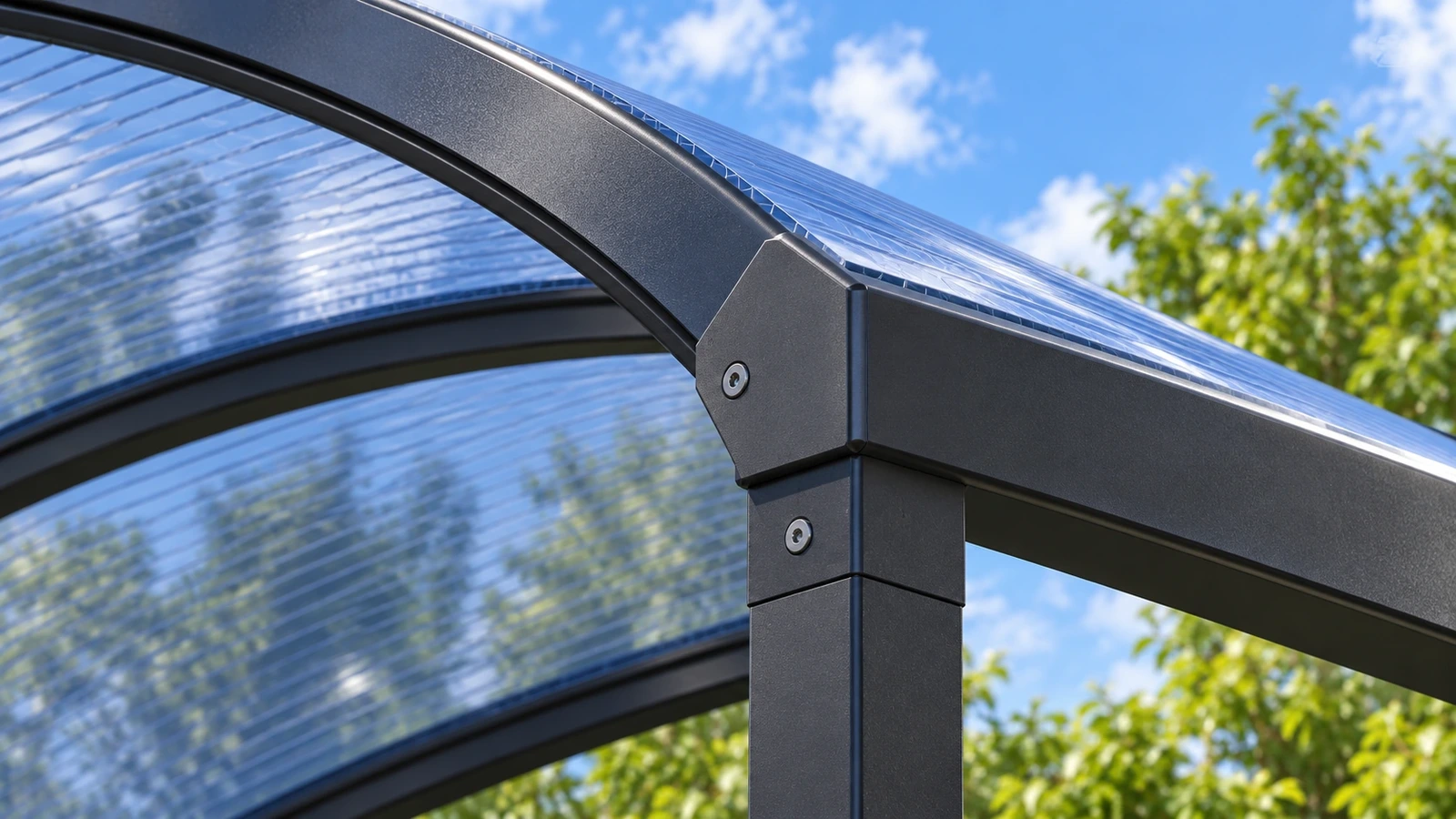 Close view of an Easy Size curved roof rib, straight side beam and hollow-polycarbonate channels