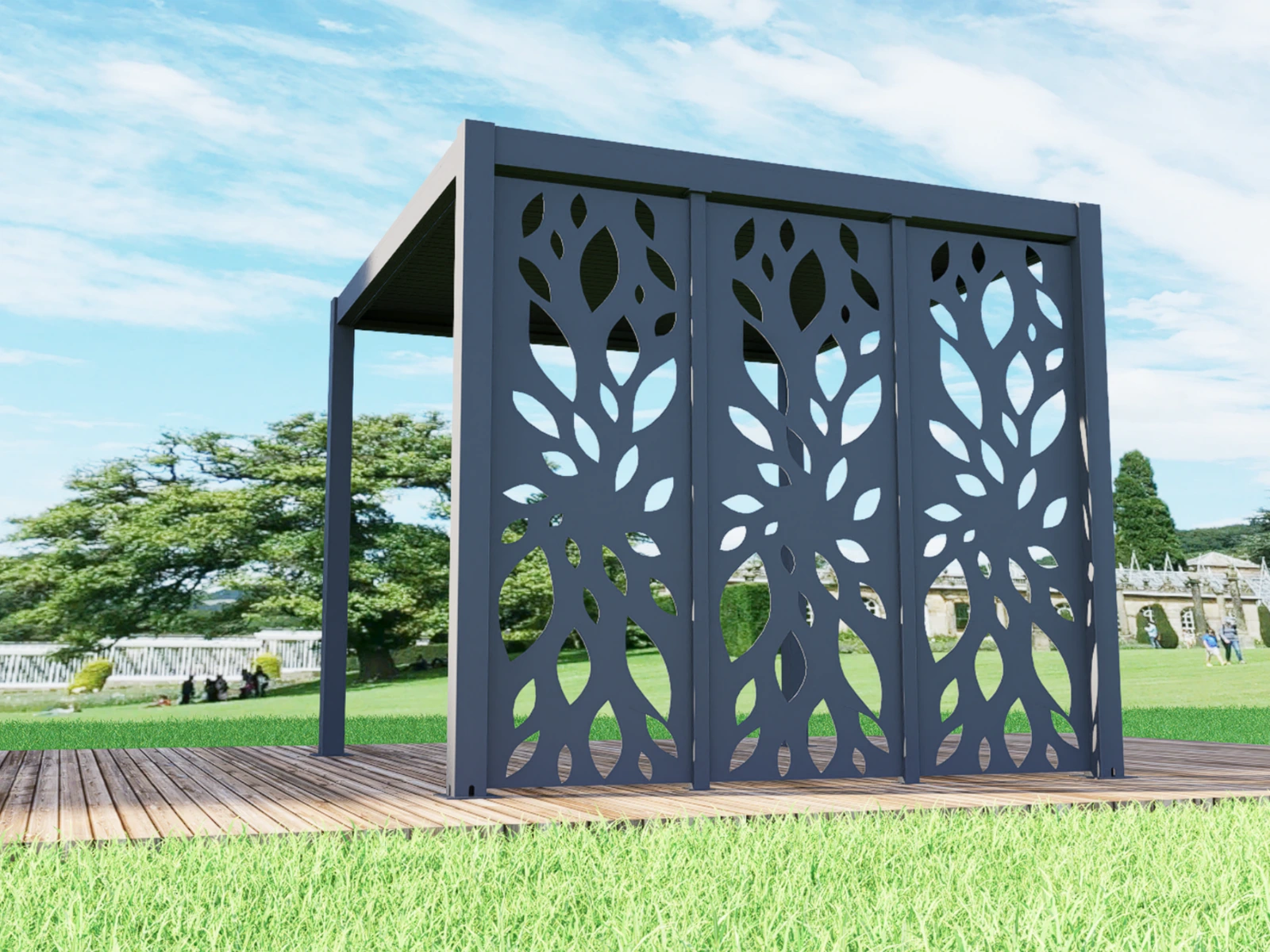 Decorative Screens — leaf-pattern decorative screens across a pergola side