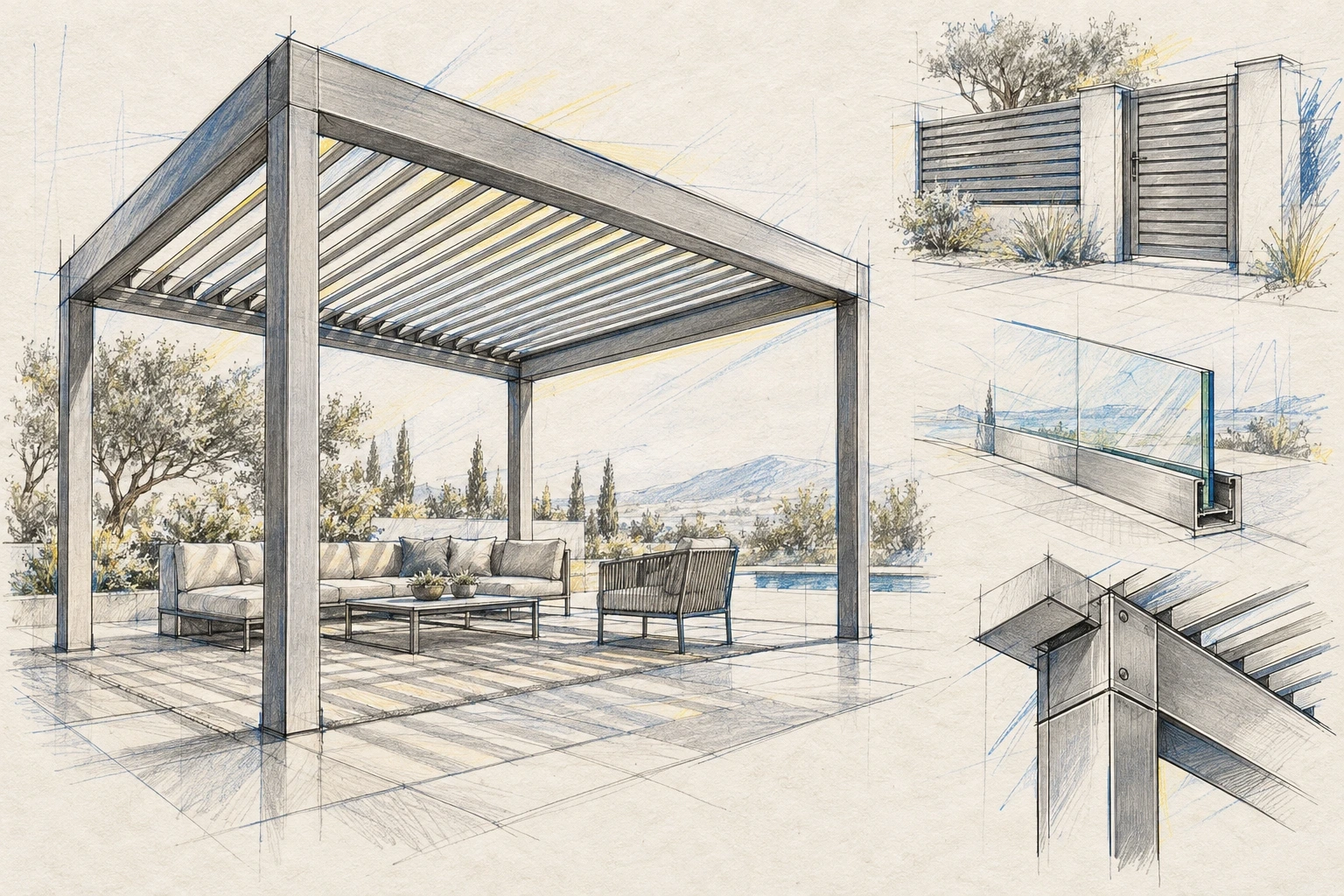 AI hand-drawn design study of a pavilion, fence, gate and glass railing