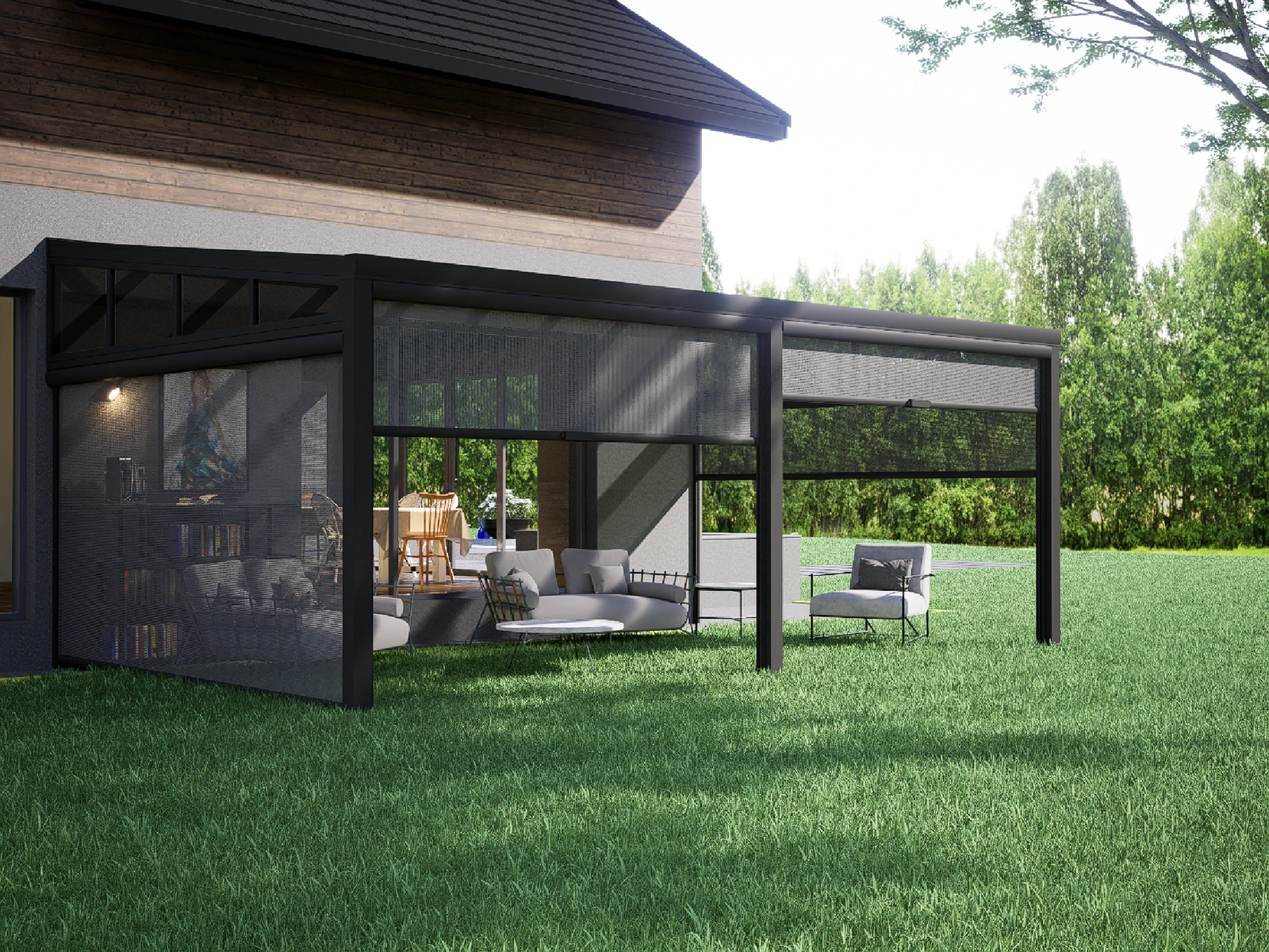 FAL Patio Cover · garden seating with partially lowered blinds