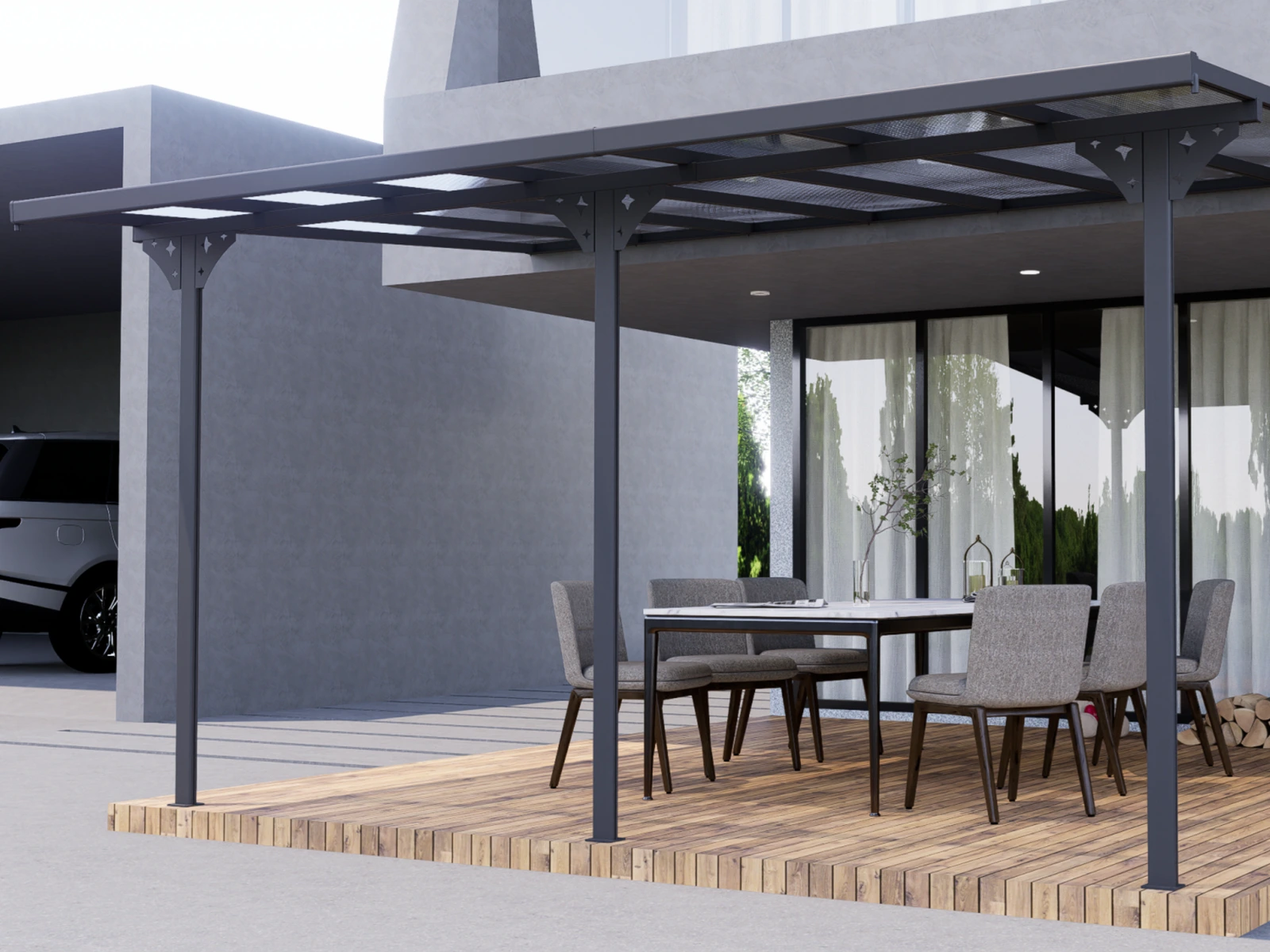 FAS Patio Cover · outdoor dining on a timber terrace