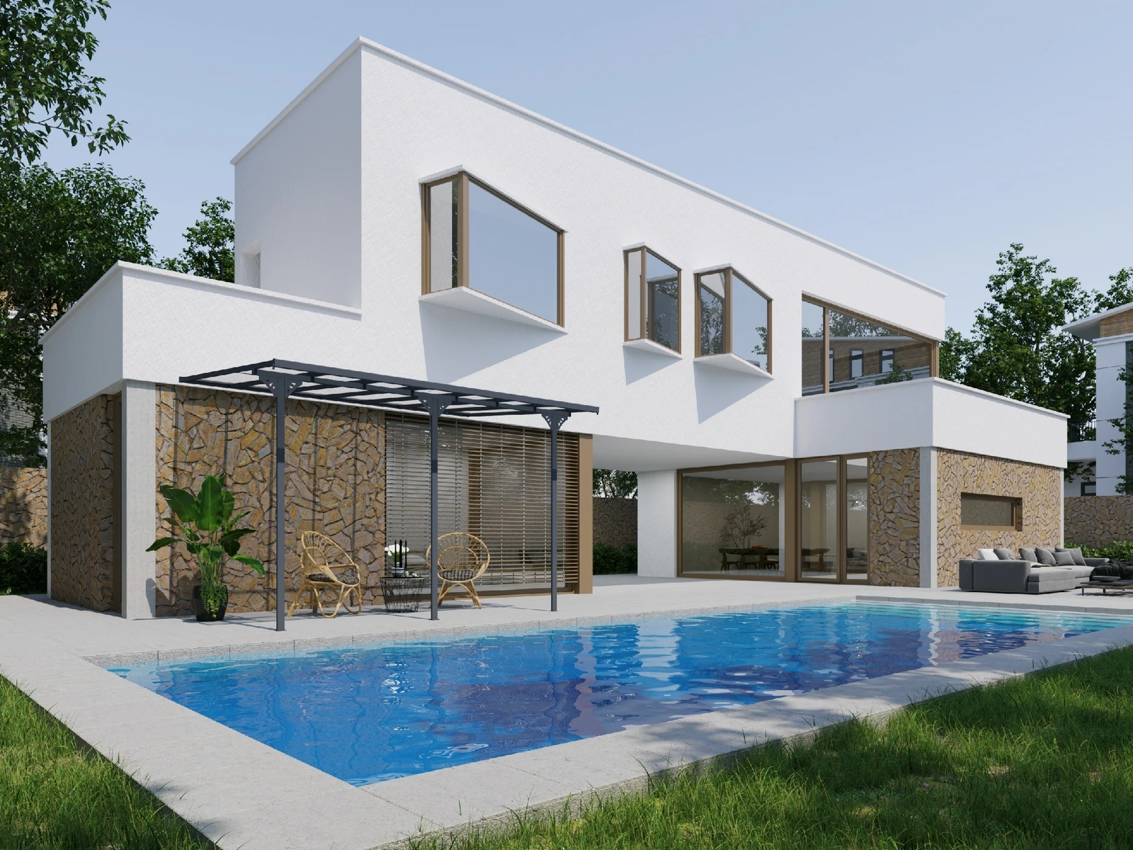FAS Patio Cover · poolside seating beside a modern house