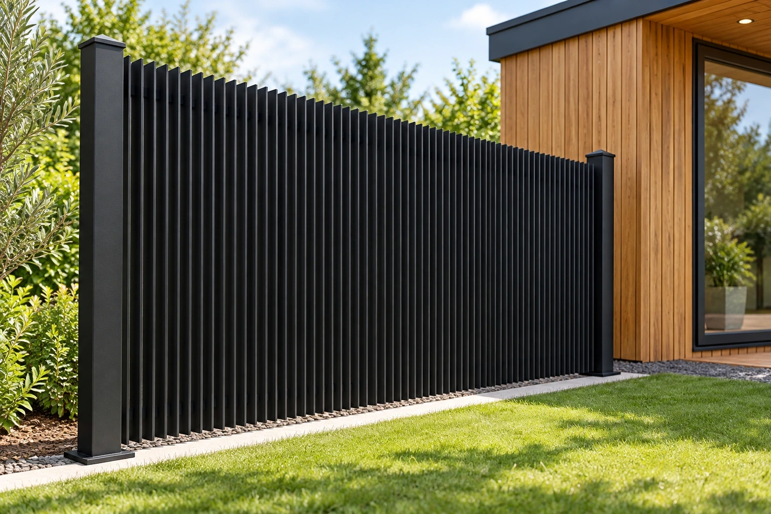 Deep vertical blade fencing beside a timber garden studio and lawn.