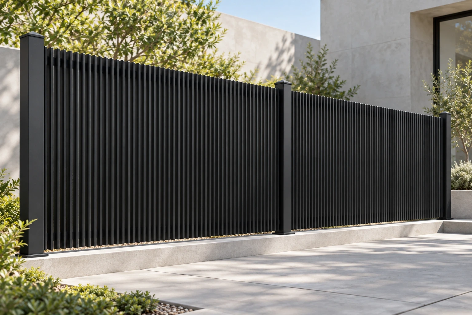 A graphite boundary fence with closely spaced deep vertical blades and square posts beside a paved courtyard.