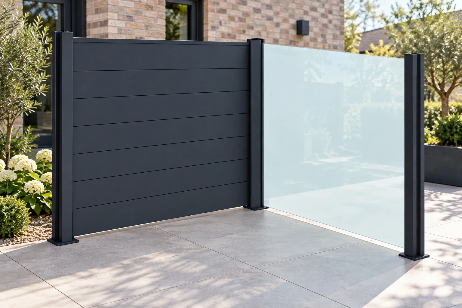 A graphite horizontal privacy panel meeting a glass panel at a corner on patio paving.