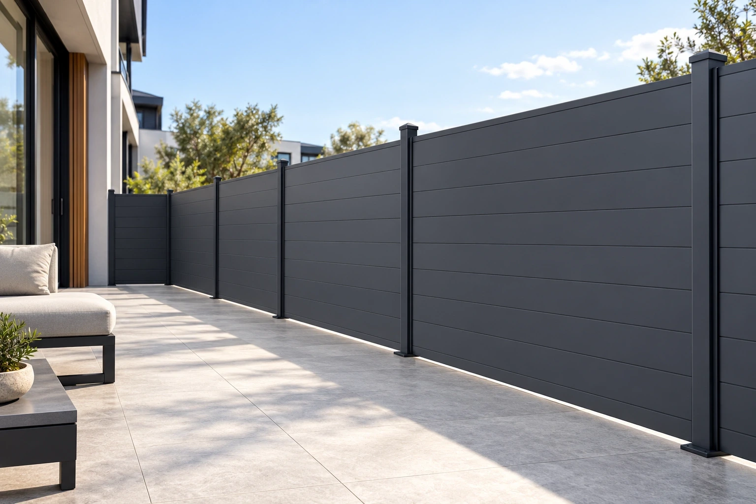 Continuous privacy panels along a terrace
