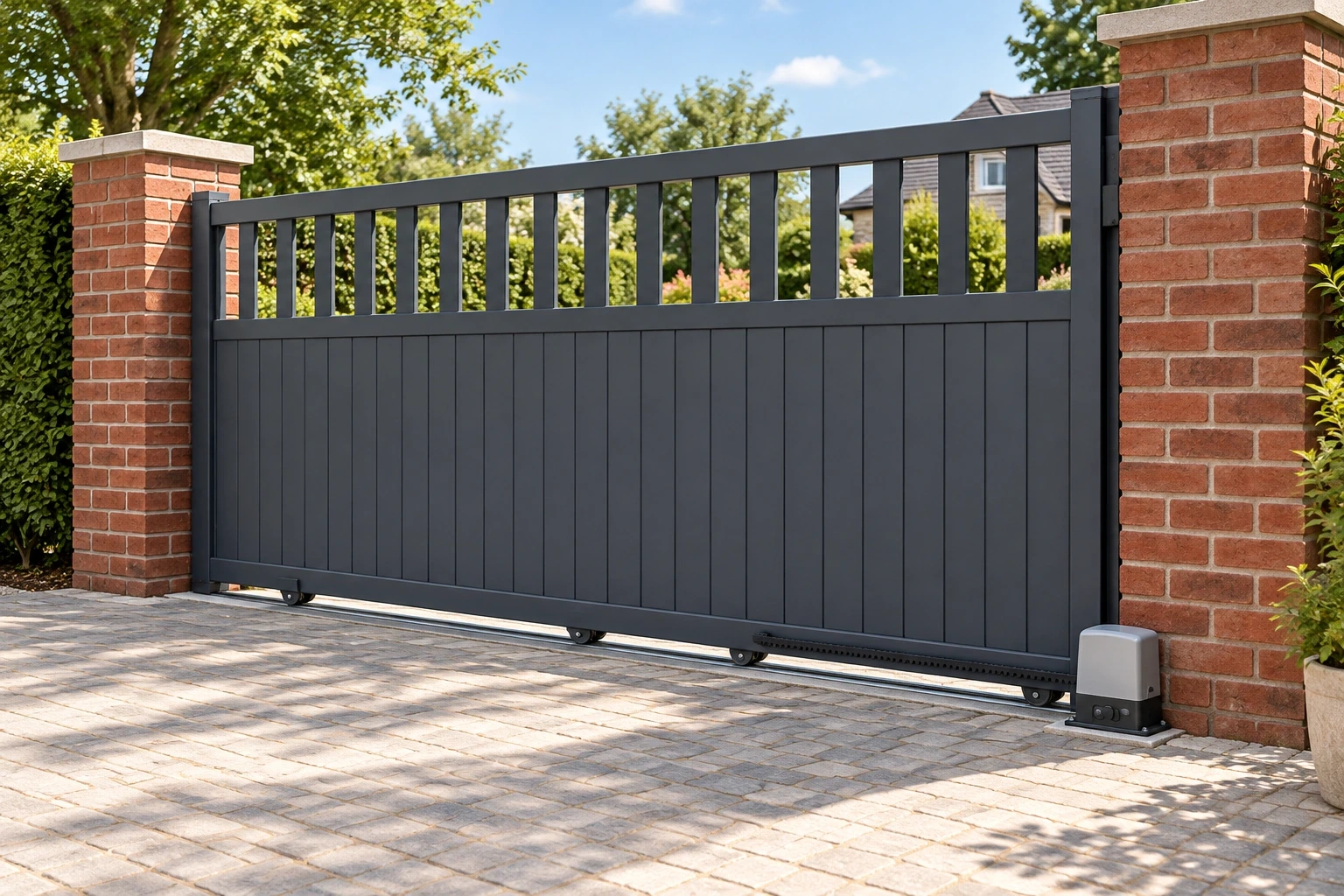 A graphite sliding gate with vertical infill, an open picket upper section and a compact ground-mounted drive beside its lower rail.