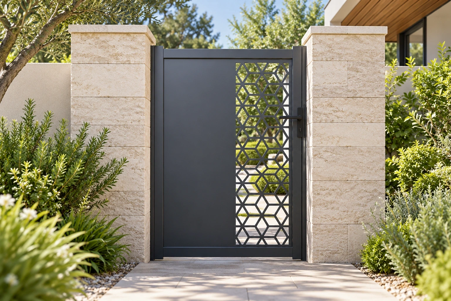 Decorative pedestrian gate at a garden entry
