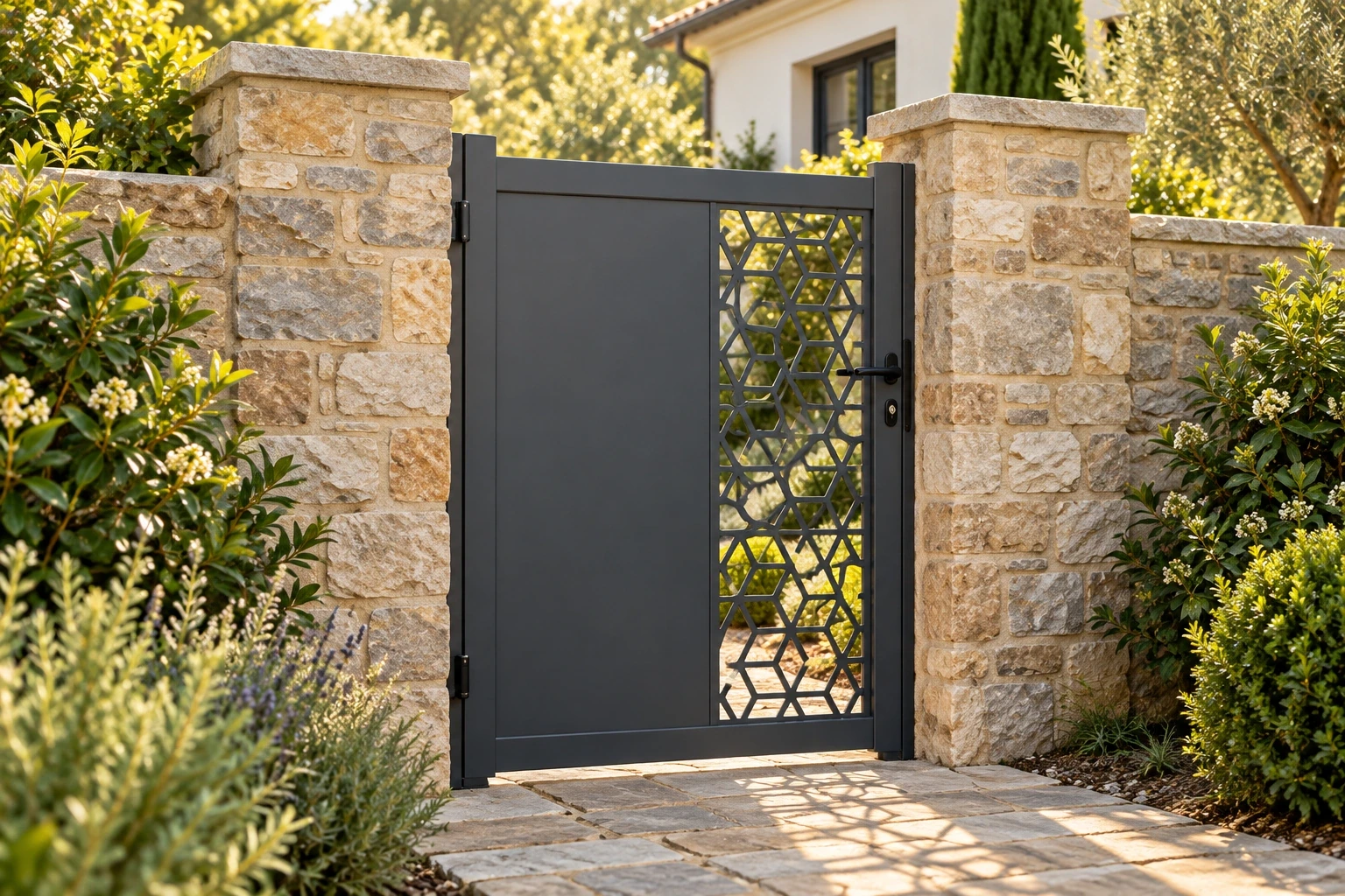 A graphite pedestrian gate retaining its solid left infill and geometric right insert beside a stone garden wall.