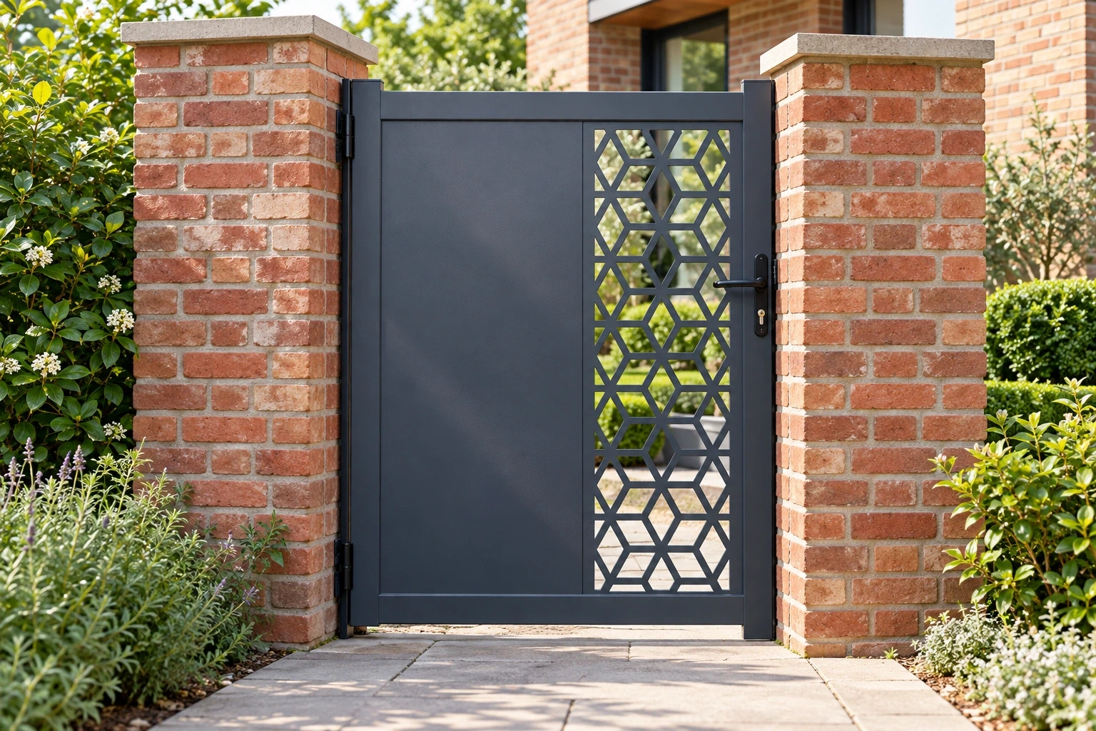 A graphite single-leaf pedestrian gate with a closed left panel and tall geometric cutout insert at a brick garden entrance.