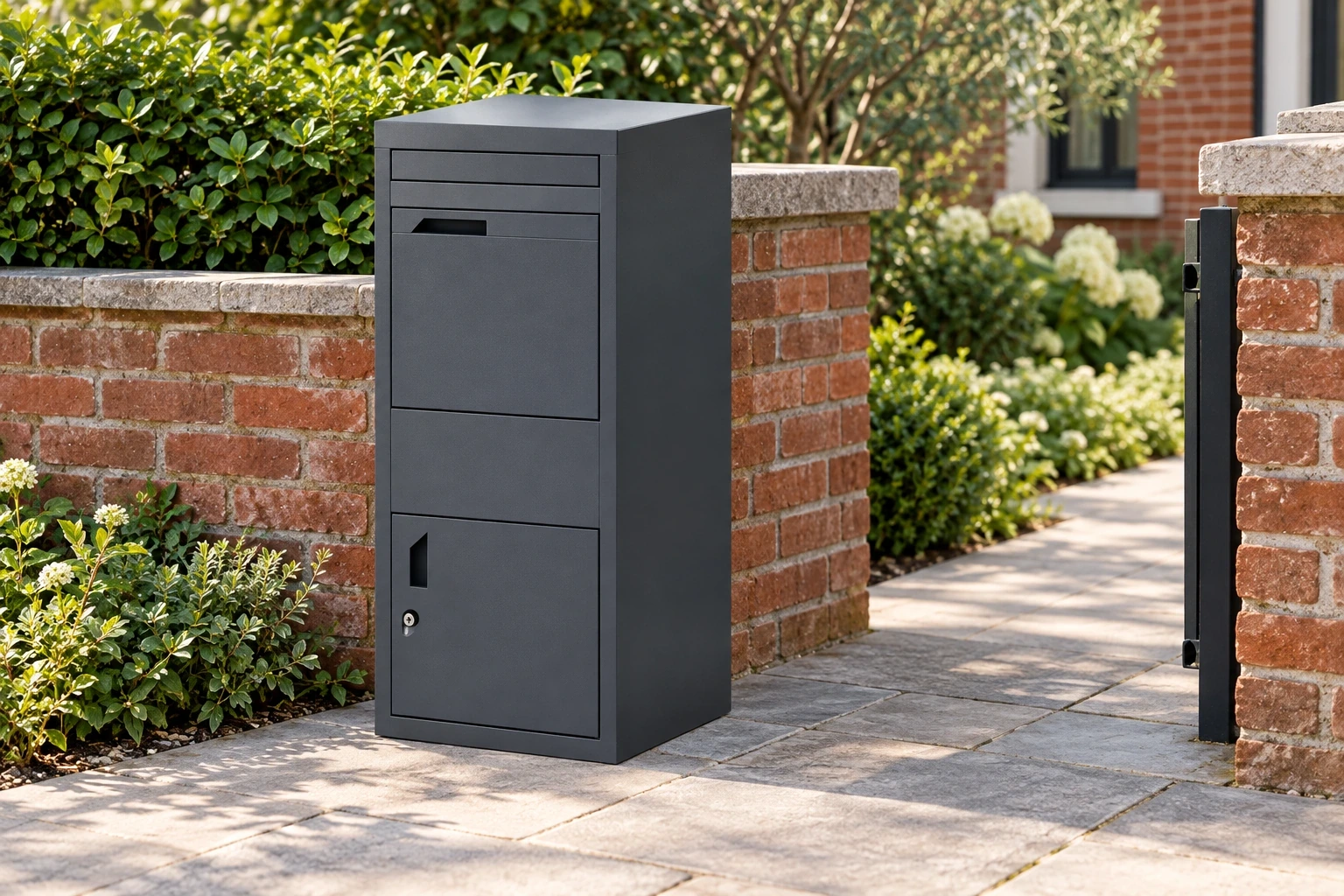 Charcoal freestanding mailbox with letter slot and parcel access doors beside a garden entrance.