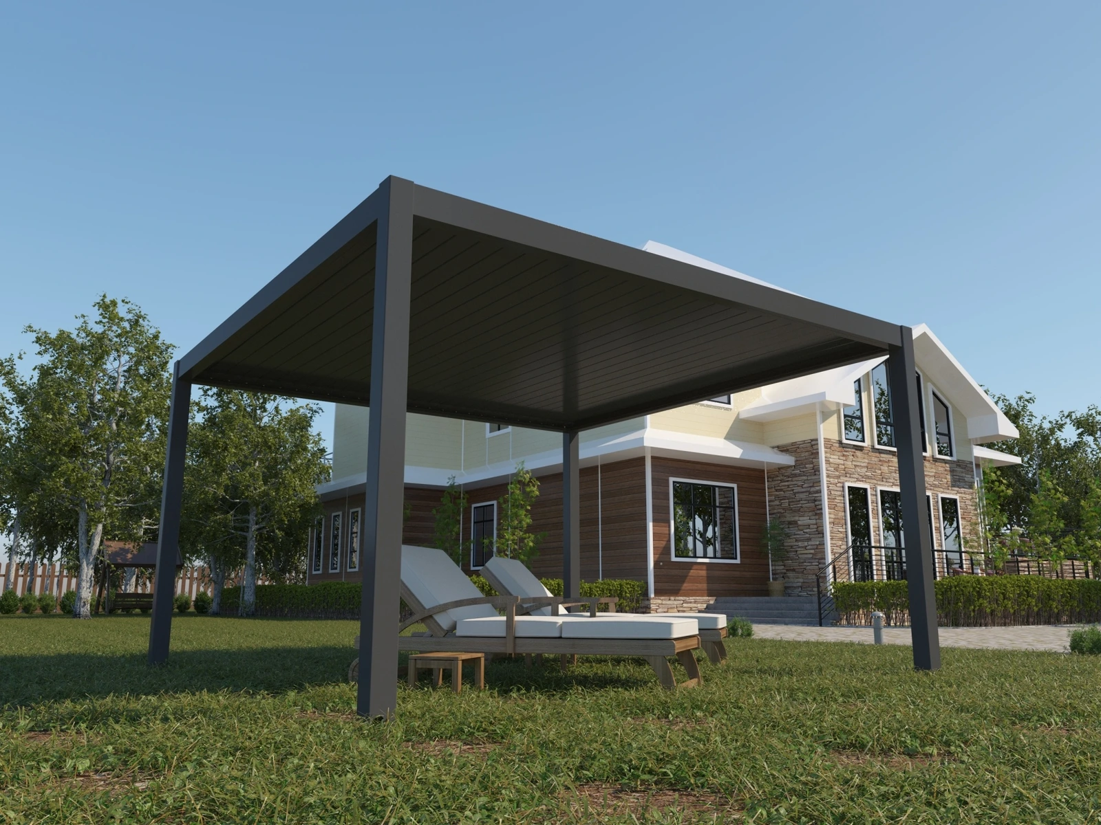 Graphite pergola above garden loungers
