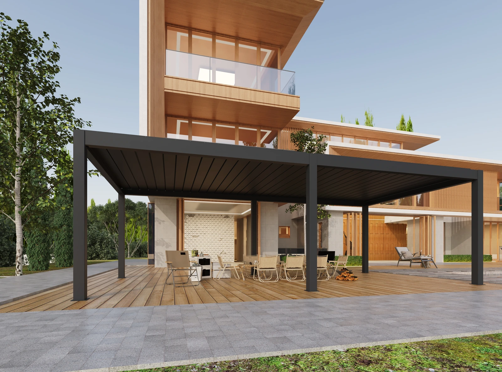 Pergola Model 200 · a wider timber-terrace arrangement