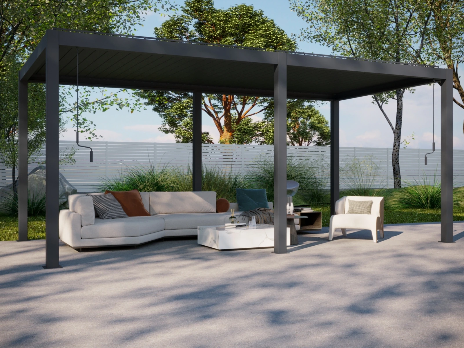Double-bay graphite pergola over garden seating