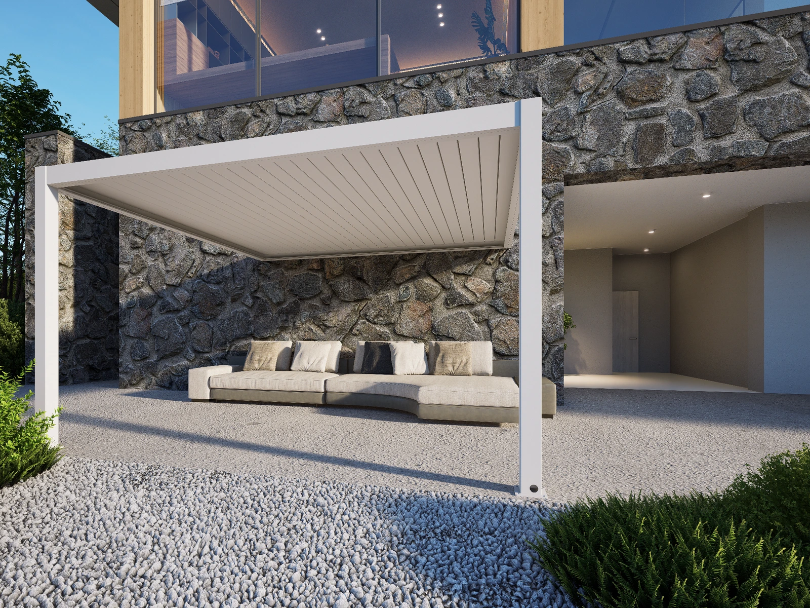 Wall-mounted white pergola above terrace seating