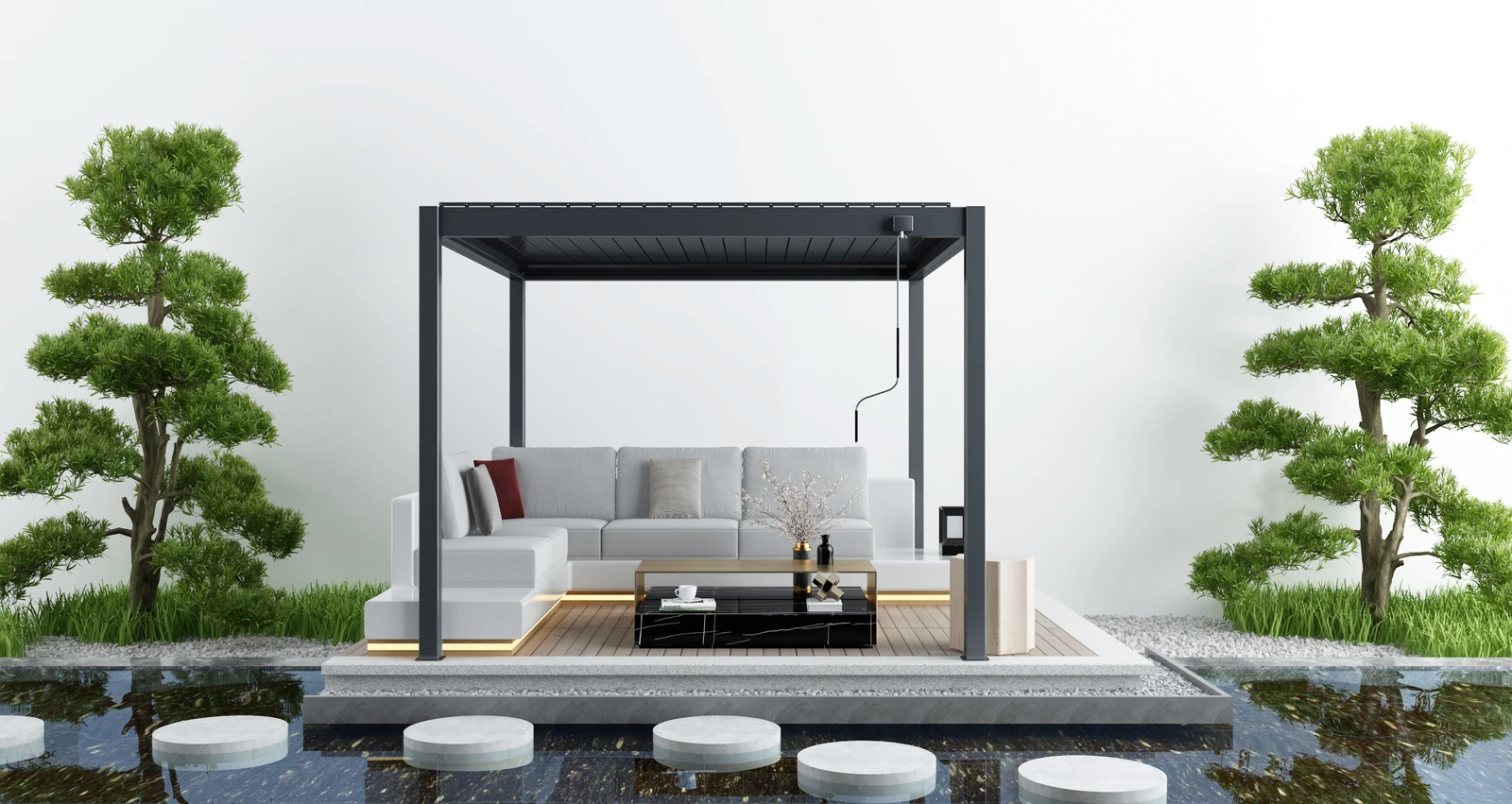Steel-louvre Pergola Model 7 · front view of an outdoor lounge
