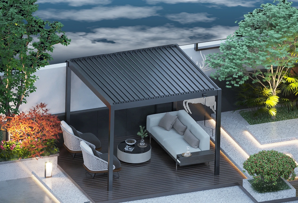 Steel-louvre Pergola Model 7 · an elevated view of the garden lounge
