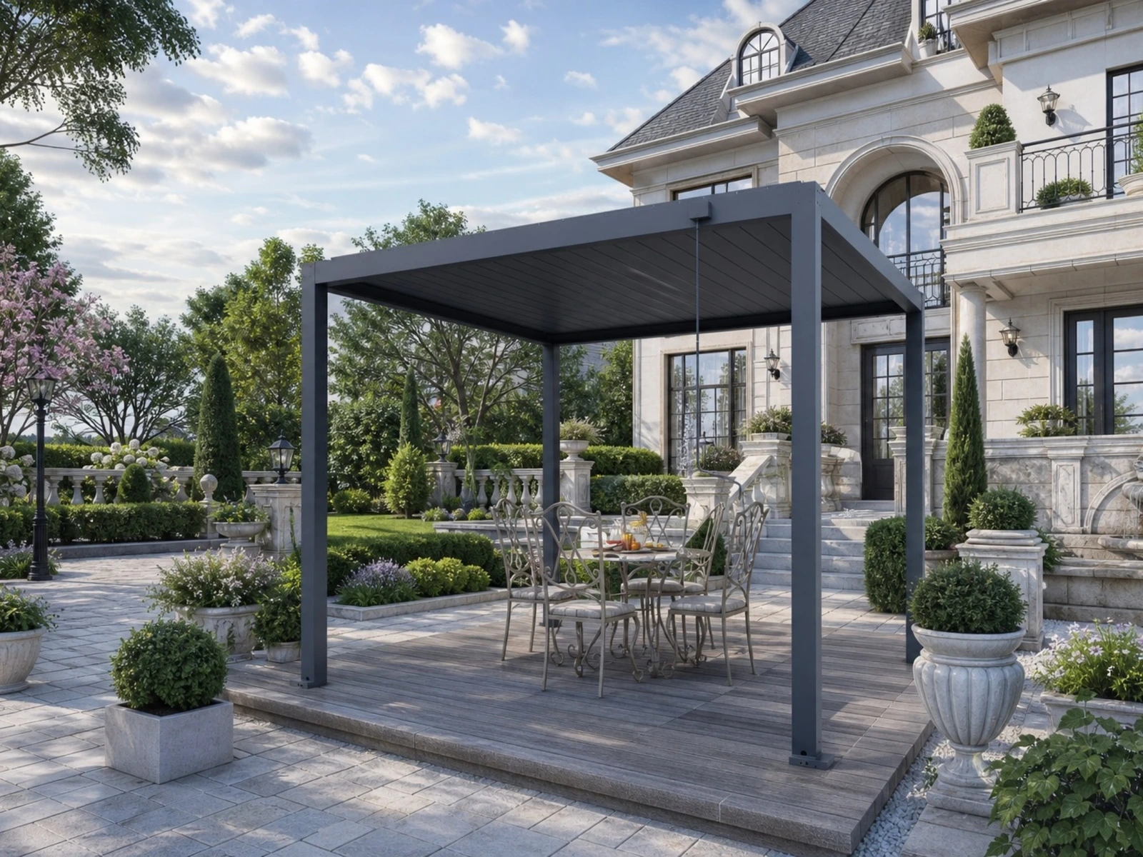 Full Steel Pergola · Model 8 · garden terrace beside a classic facade