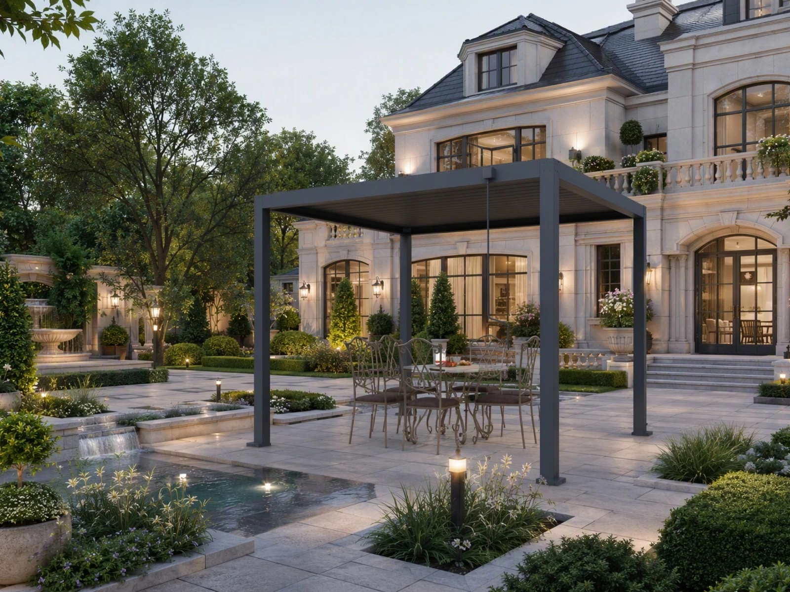 Full Steel Pergola · Model 8 · outdoor dining at dusk