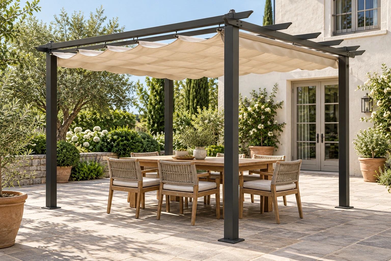 Cream pleated fabric canopy fully extended beneath projecting graphite aluminium rafters above paved-courtyard dining.