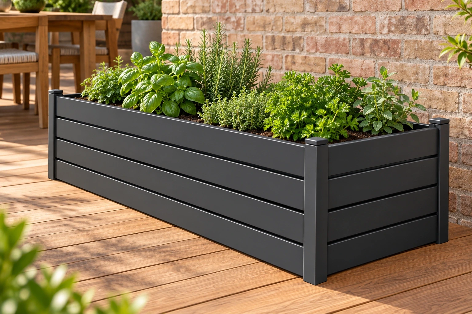 Charcoal planter with horizontal profiles and corner posts beside an outdoor dining terrace.