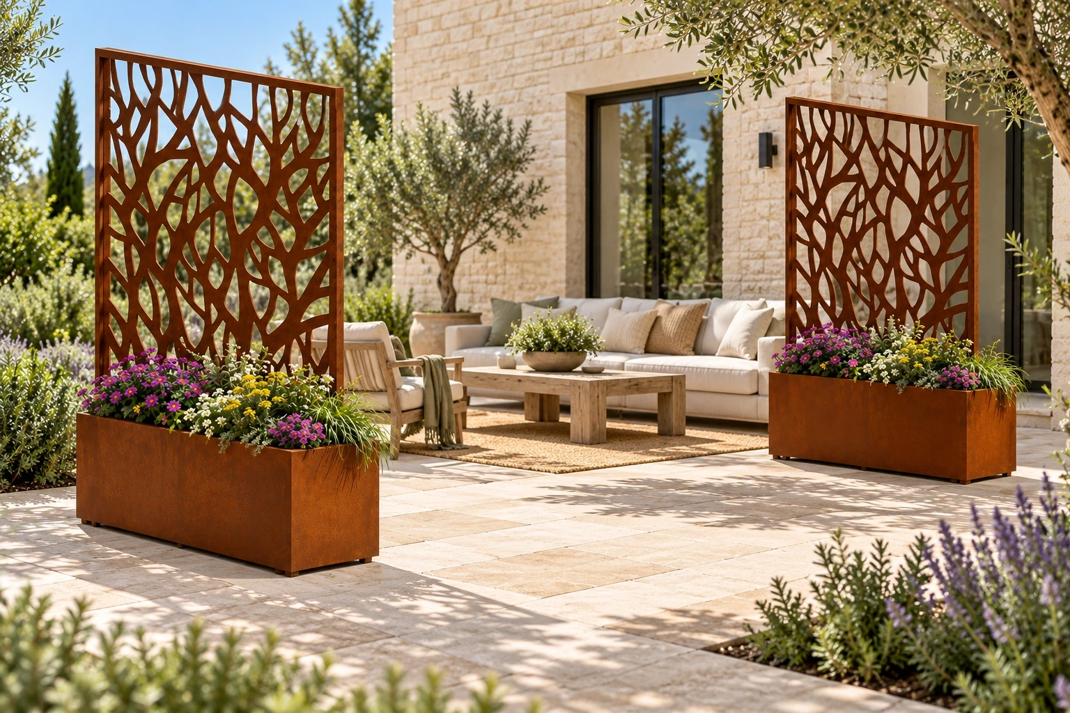 Rust-toned planters with integrated branch-pattern screens beside a paved courtyard