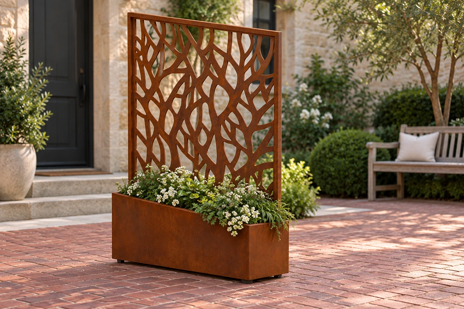 Rust-toned branching screen and rectangular flower box beside a brick entrance court.