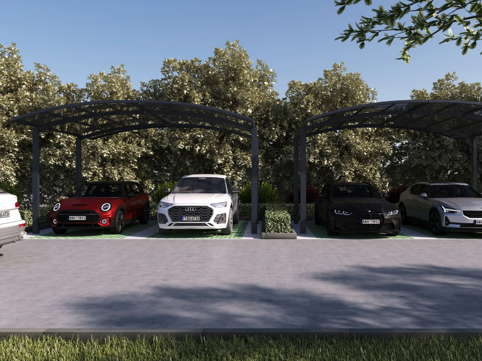 R Shape Carport · graphite carports in a landscaped parking layout