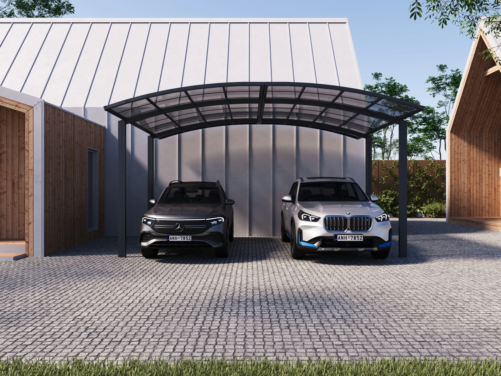 R Shape Carport · curved roof over two parking spaces