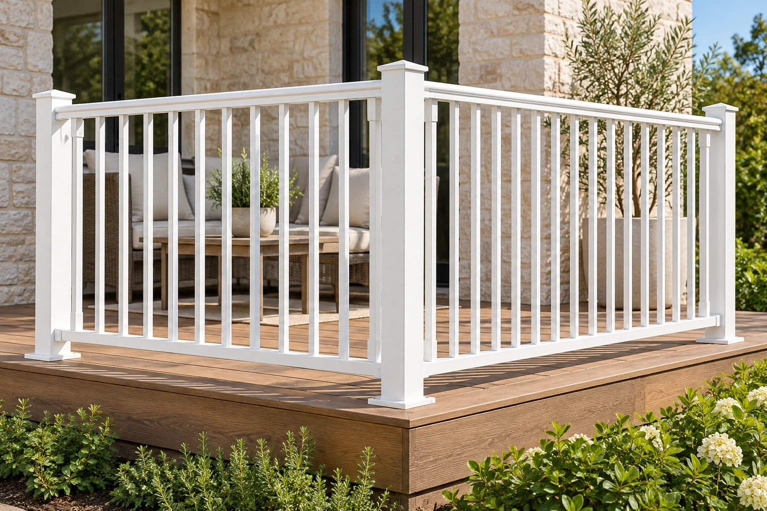 White assembled square-picket railing with a crowned handrail and covered lower rail around a timber deck.