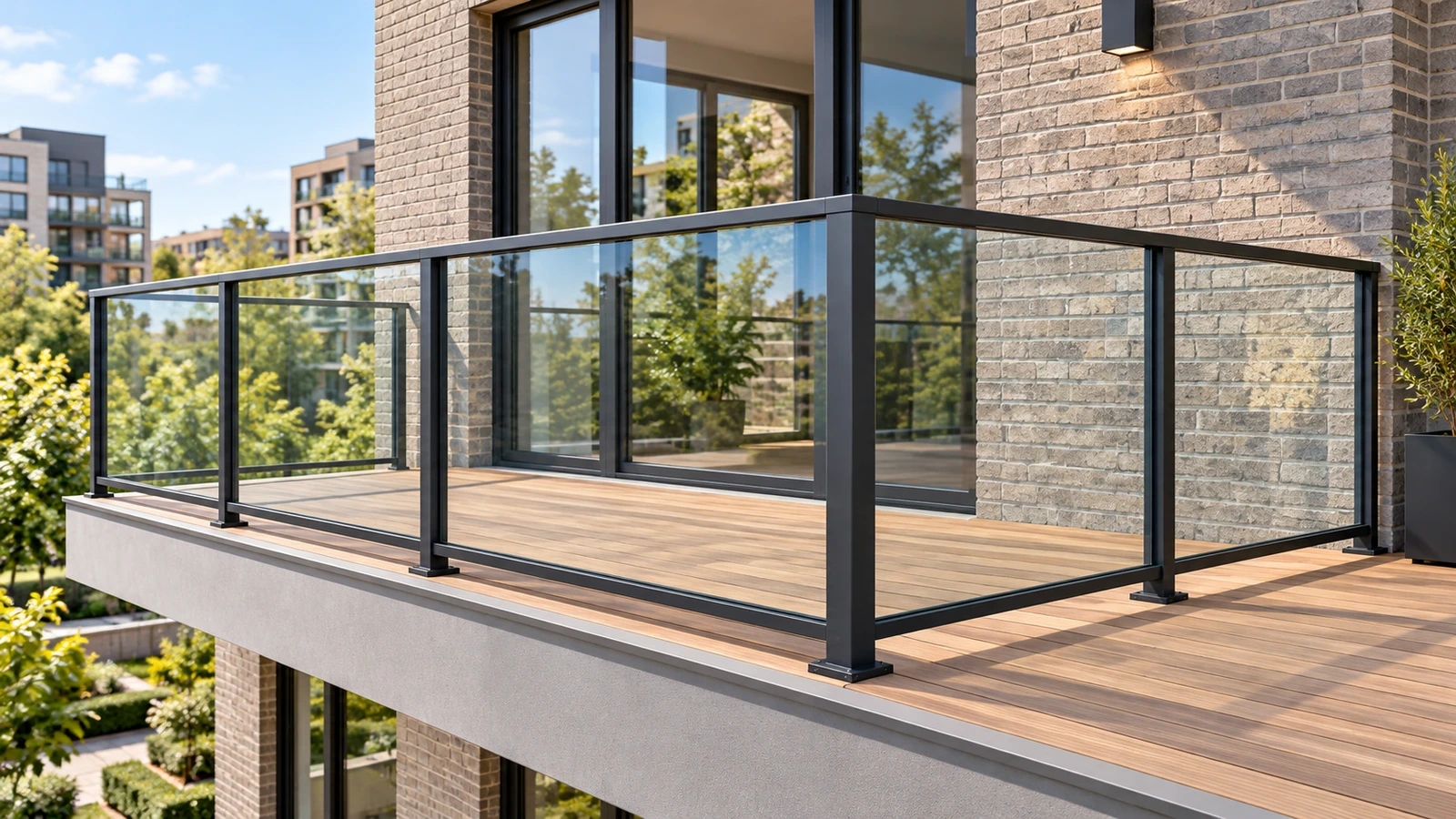 Clear glass panels enclosed by graphite aluminium posts and continuous upper and lower rails on a brick apartment balcony.