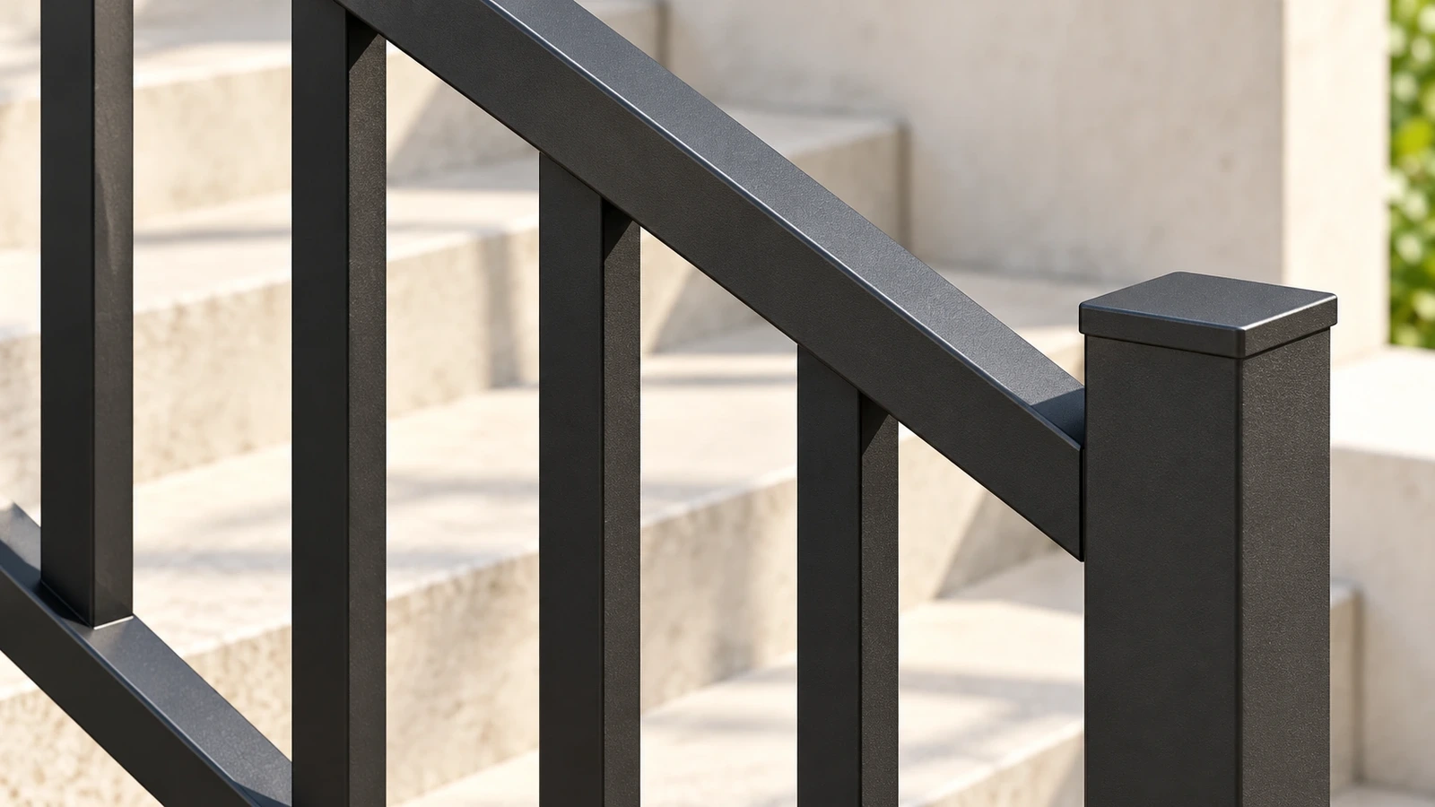 Close view of a sloping graphite top rail joining a capped square post beside upright pickets