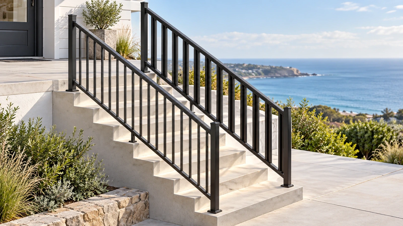 Graphite stair railing with capped square posts, vertical pickets and sloping upper and lower rails beside white coastal house steps.