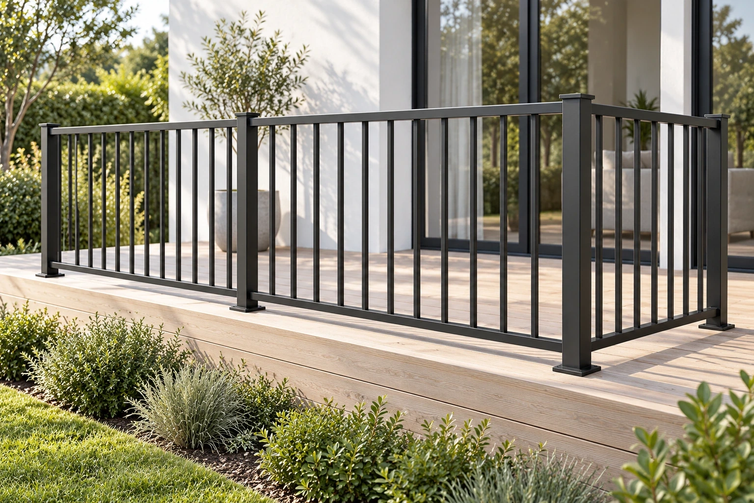 Charcoal readymade aluminium railing bays with capped posts and vertical pickets around a timber deck.