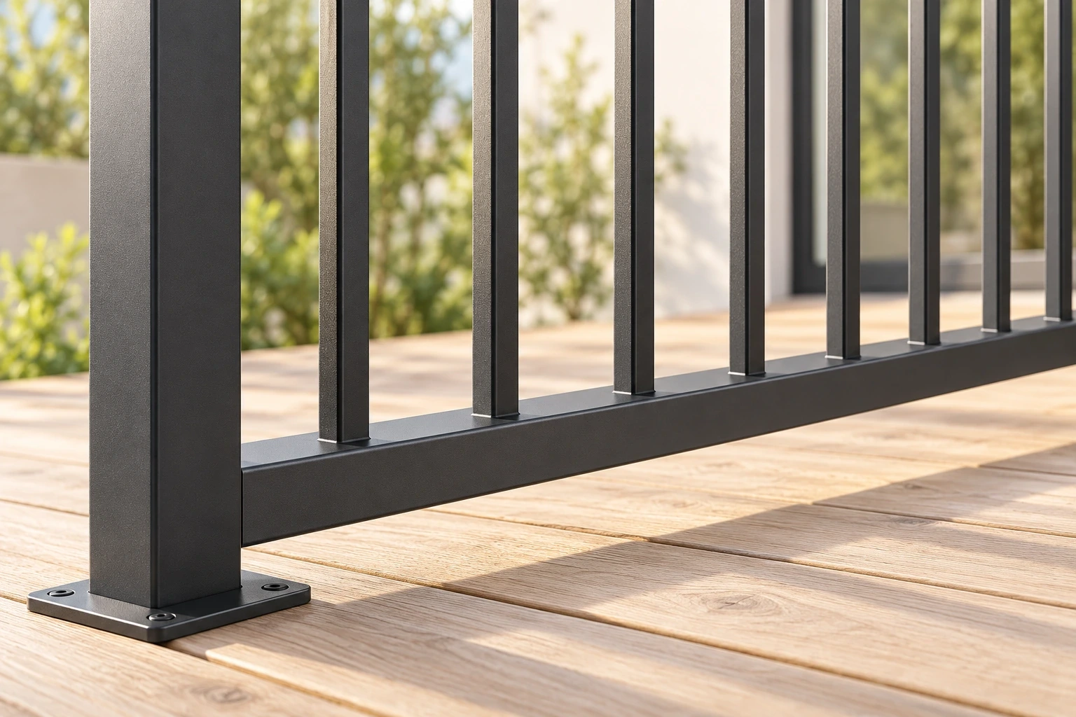Close view of the covered lower rail and vertical pickets in a charcoal readymade aluminium railing.