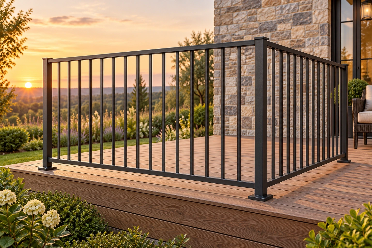 Graphite readymade picket panels with clean bottom-rail covers framing a timber garden deck.