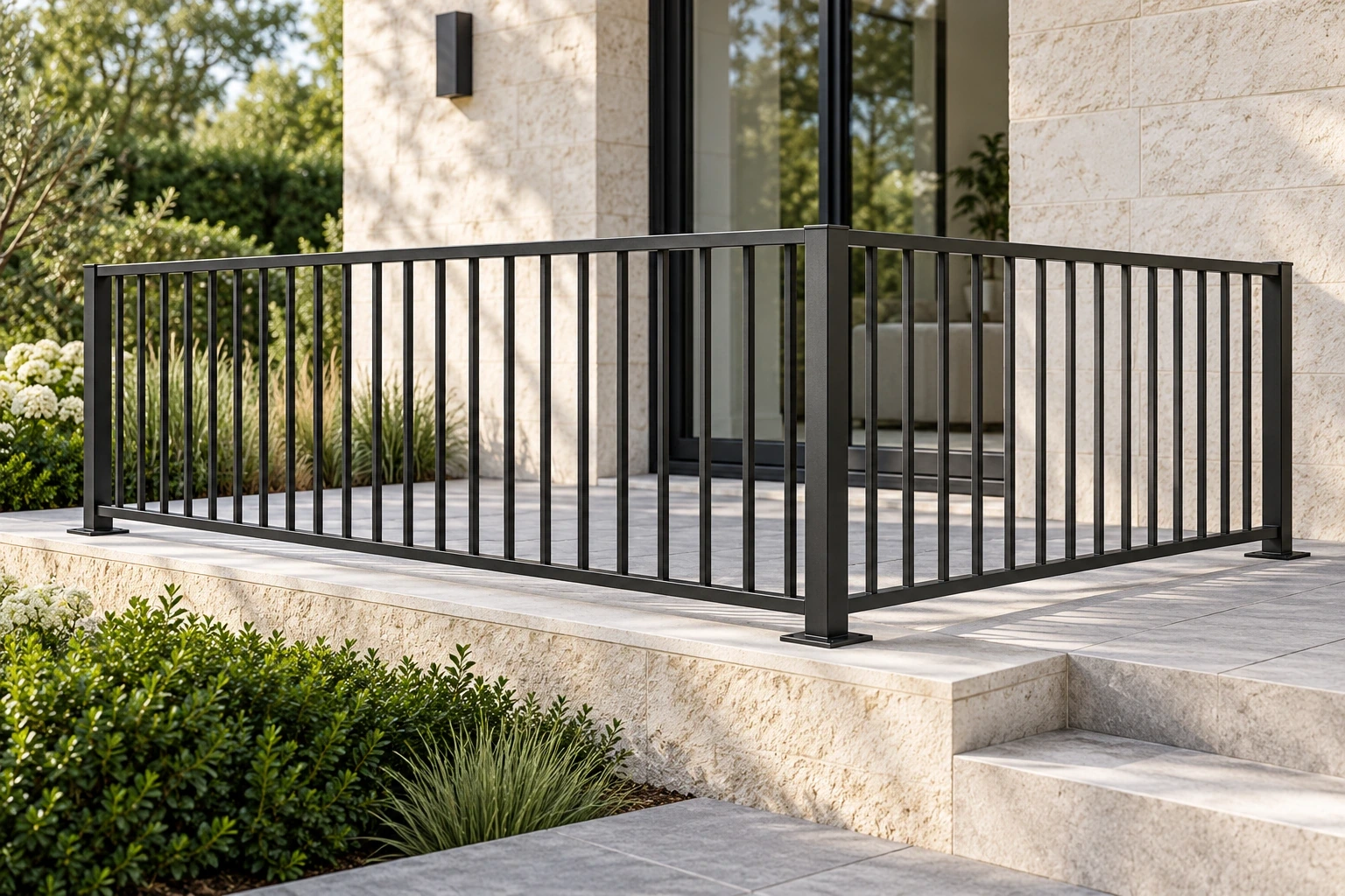 Charcoal aluminium railing with welded vertical pickets bordering a pale stone terrace.