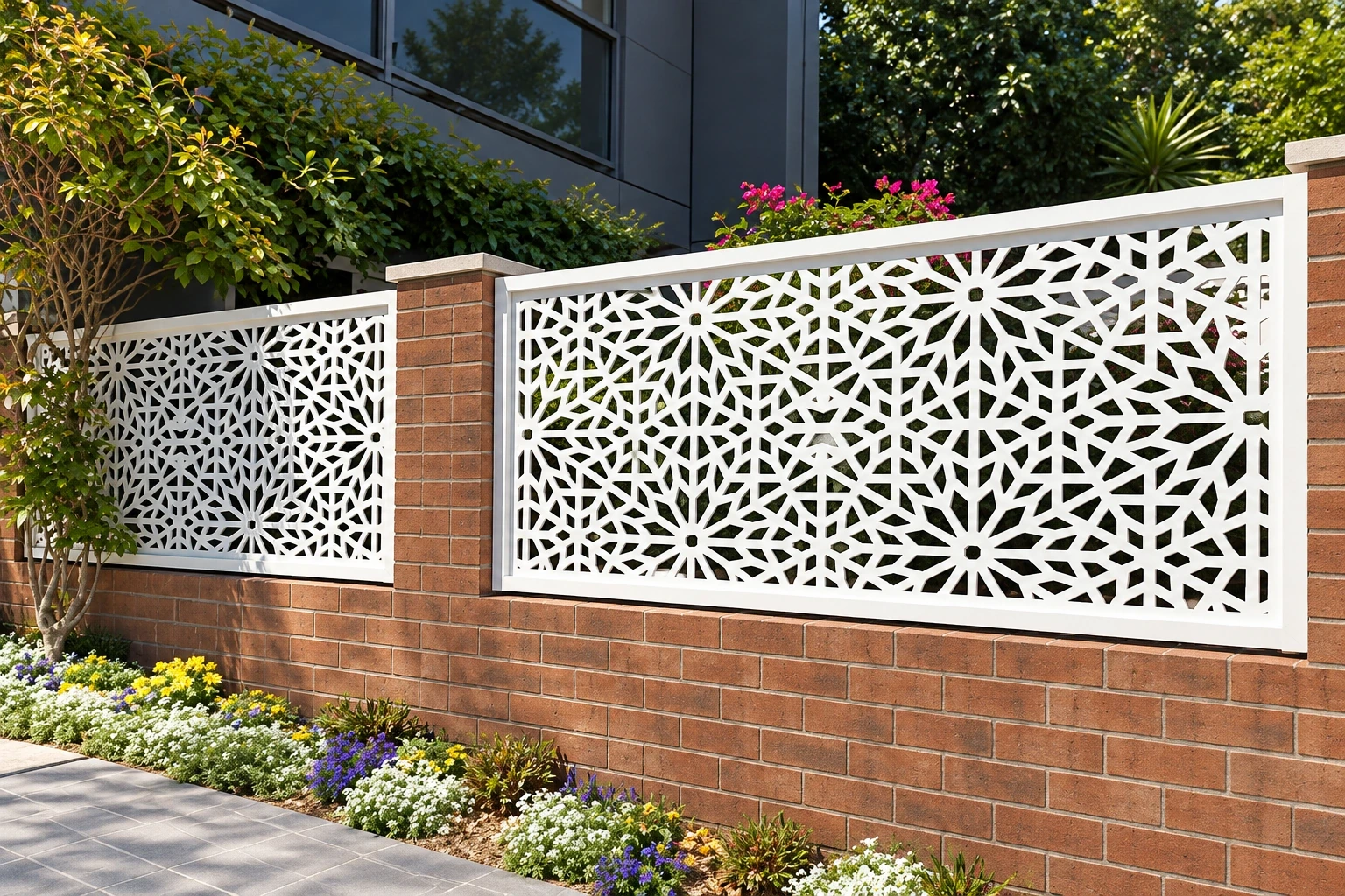 White rosette-pattern composite screen panels above a low brick courtyard wall.