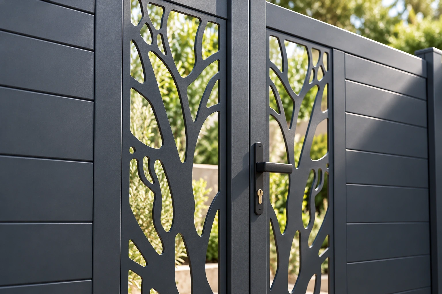 Close view of tree-branch cut-outs beside horizontal aluminium infill and a centre handle