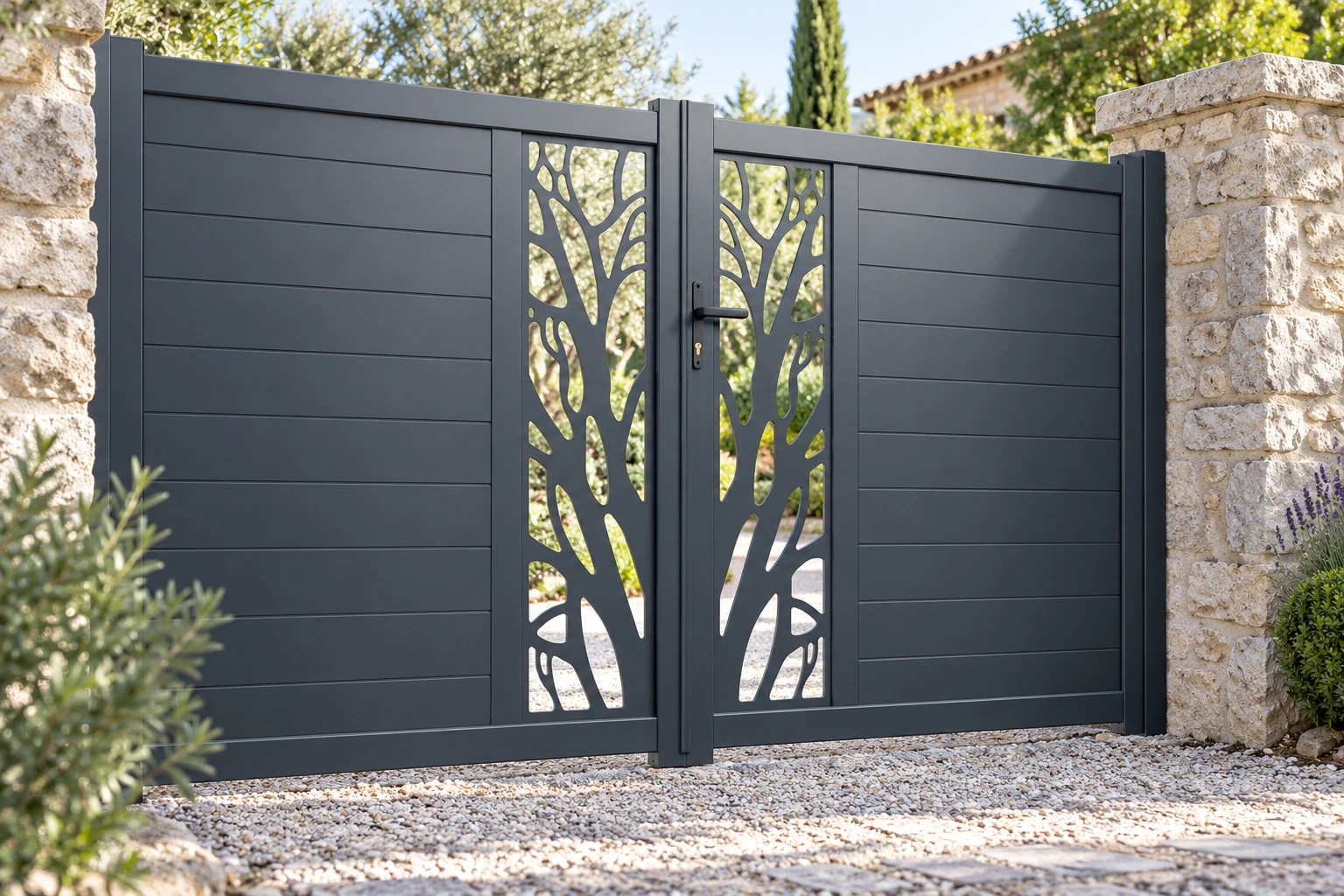 Double-leaf charcoal gate with two tree-pattern aluminium inserts at a stone courtyard entrance.
