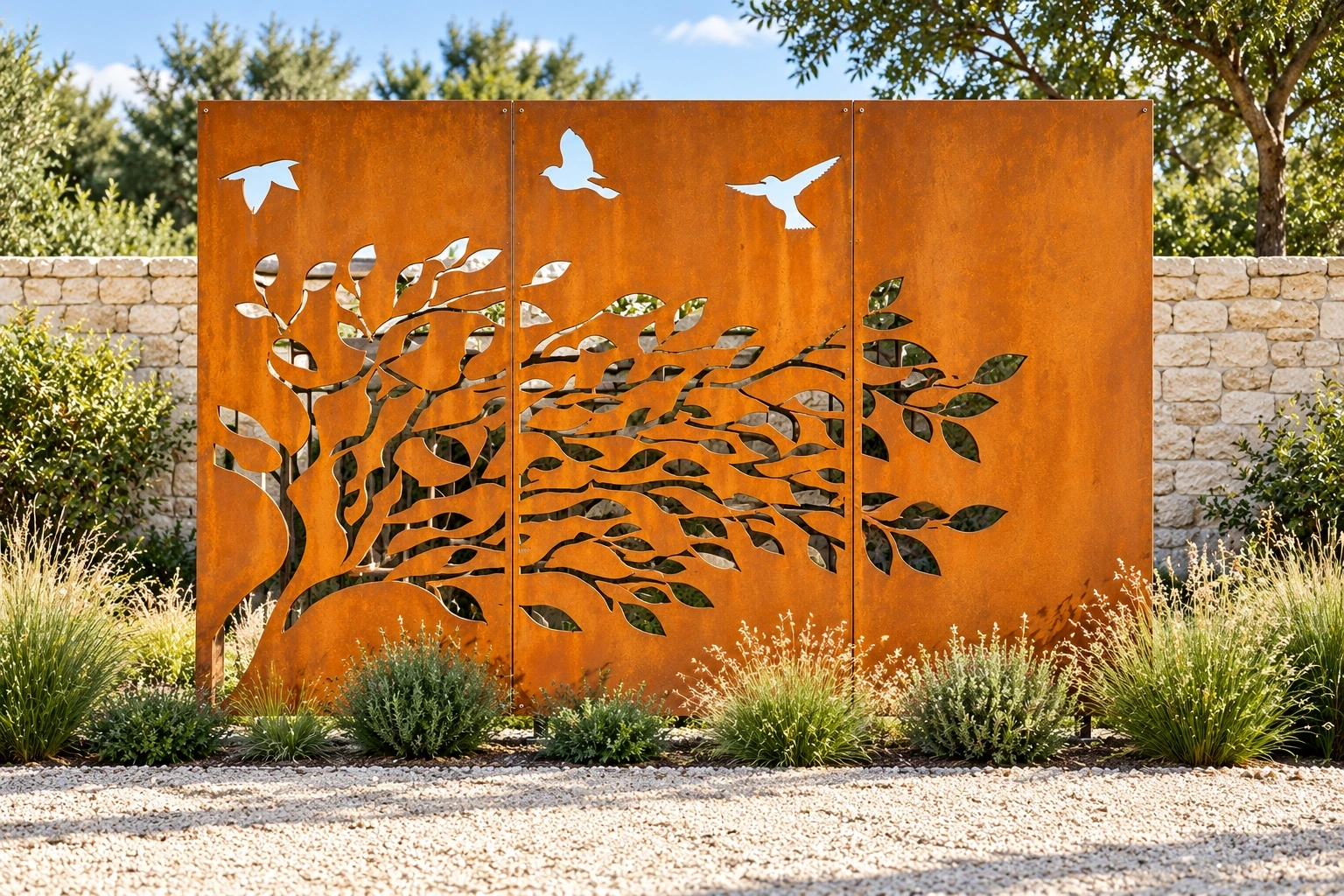 Three warm Corten steel panels with branch and bird cut-outs along a gravel courtyard