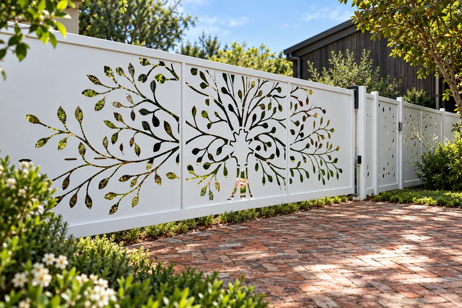 White framed panels with radiating branch-and-leaf cutouts along a brick courtyard path.