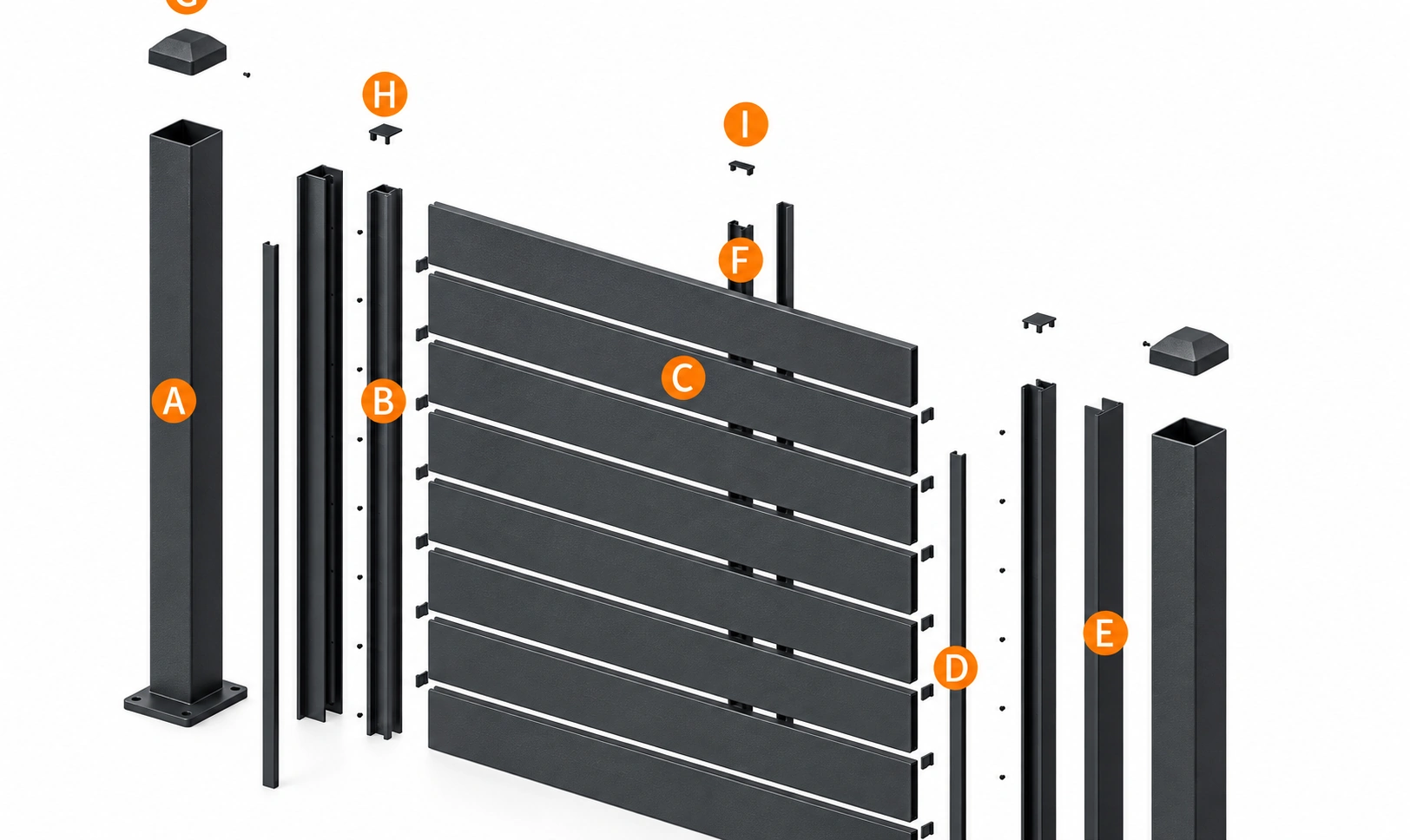 Slat fencing exploded assembly with posts, channels, slats and labelled components
