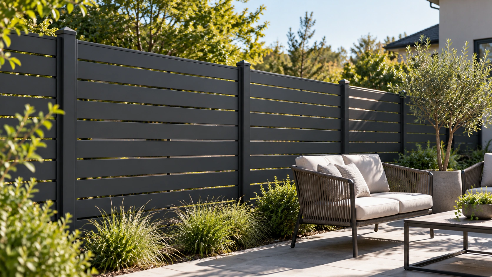 Open slat fencing beside a garden lounge